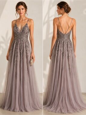 ASOS DESIGN Embellished Maxi Dress Taupe Champagne Sequin Beaded Formal Gown 8